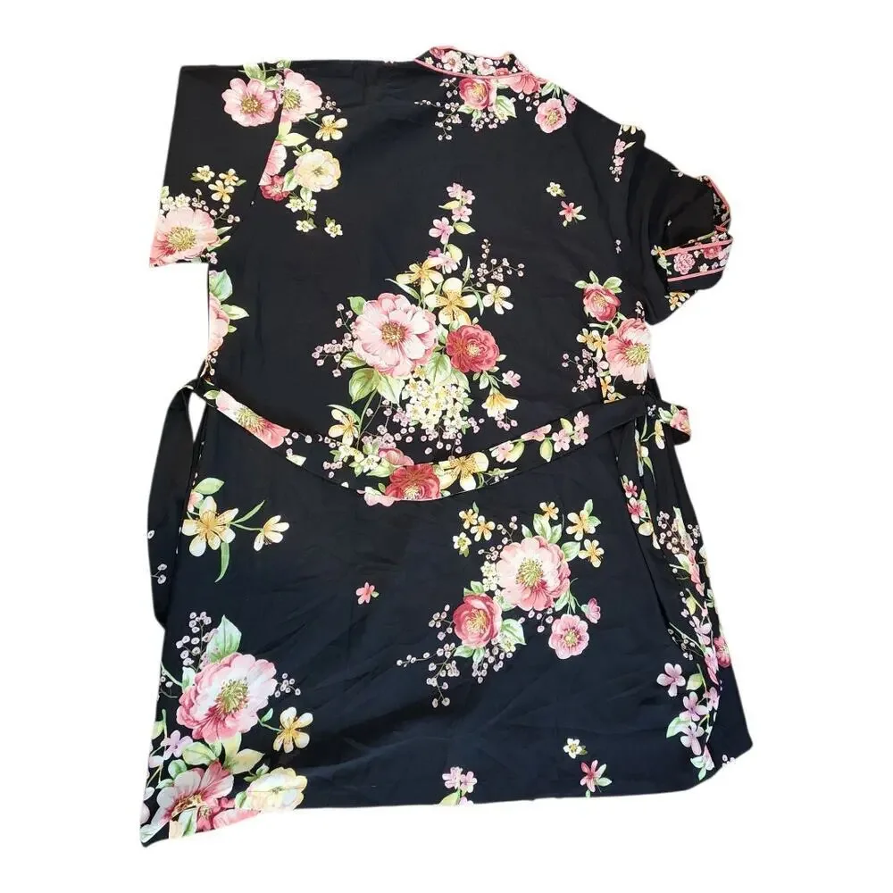 Oscar De La Renta Pink label black pink rose robe sz‎ L/XL kimono floral satin